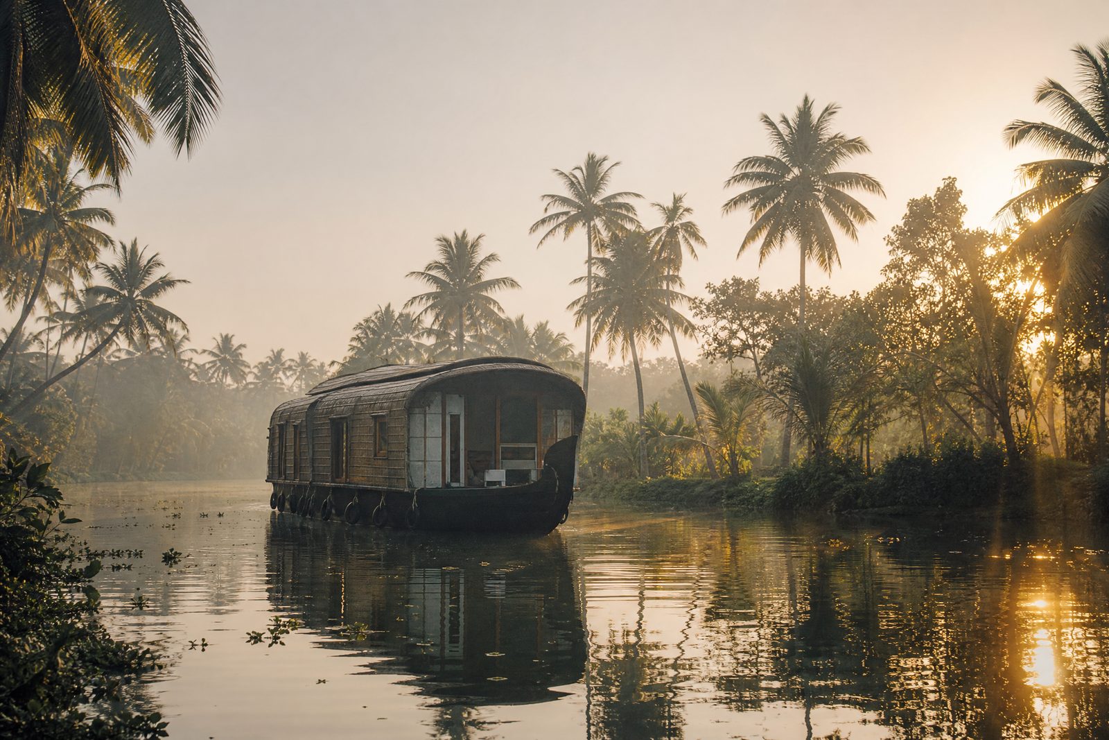 A traditional Kerala houseboat moving through palm-lined backwaters