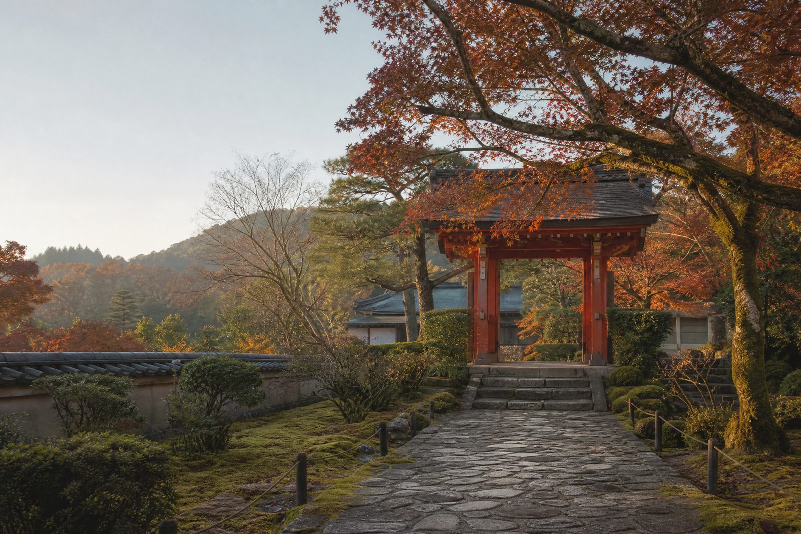 A vermilion temple gate in an autumn Kyoto garden